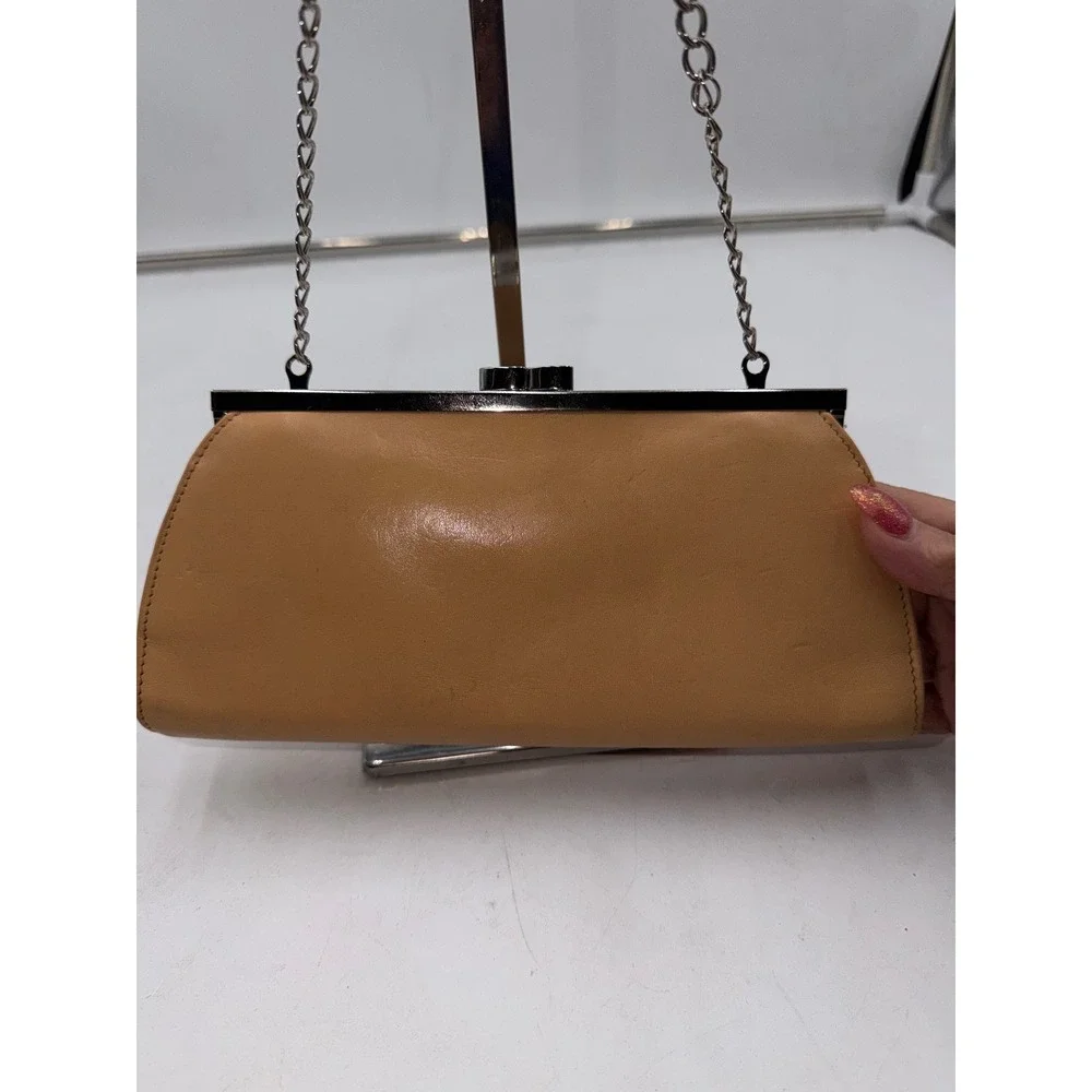 Monsac Vintage Tan Leather Kiss Lock Clutch Bag Silver Chain Strap Evening Purse